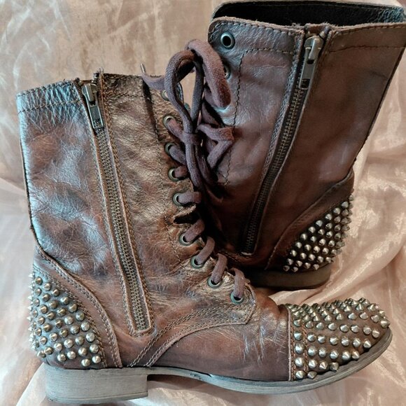Steve Madden Tarnney Brown Leather Studded Combat Boot - Picture 3 of 6